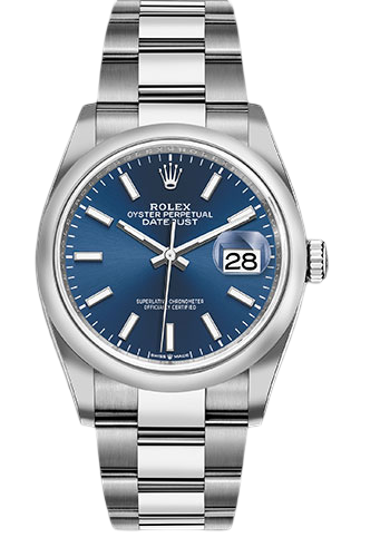 Rolex Steel Datejust 36 Watch - Domed Bezel - Blue Index Dial - Oyster Bracelet