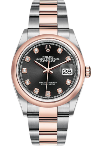 Rolex Steel and Everose Rolesor Datejust 36 Watch - Domed Bezel - Black Diamond Dial - Oyster Bracelet
