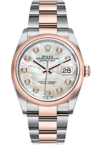 Rolex Steel and Everose Rolesor Datejust 36 Watch - Domed Bezel - White Mother-Of-Pearl Diamond Dial - Oyster Bracelet