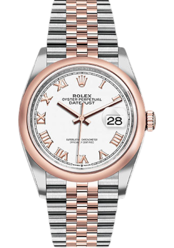 Rolex Steel and Everose Rolesor Datejust 36 Watch - Domed Bezel - White Roman Dial - Jubilee Bracelet