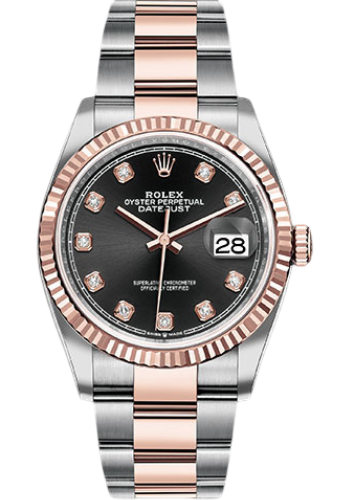 Rolex Steel and Everose Rolesor Datejust 36 Watch - Fluted Bezel - Black Diamond Dial - Oyster Bracelet