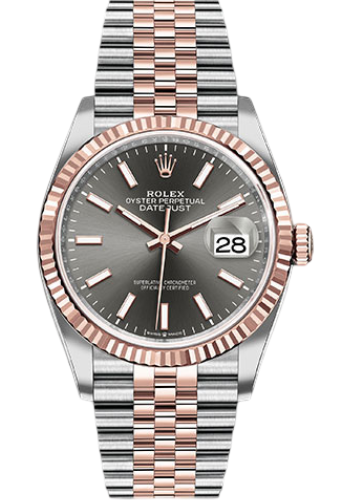 Rolex Steel and Everose Rolesor Datejust 36 Watch - Fluted Bezel - Dark Rhodium Index Dial - Jubilee Bracelet