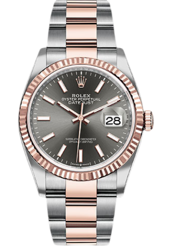 Rolex Steel and Everose Rolesor Datejust 36 Watch - Fluted Bezel - Dark Rhodium Index Dial - Oyster Bracelet