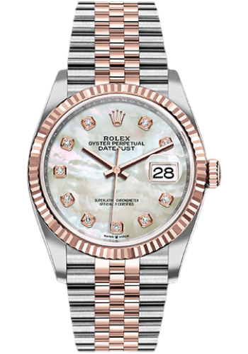 Rolex Steel and Everose Rolesor Datejust 36 Watch - Fluted Bezel - White Mother-Of-Pearl Diamond Dial - Jubilee Bracelet
