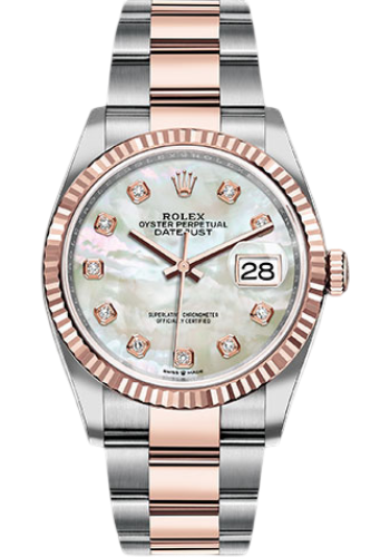 Rolex Steel and Everose Rolesor Datejust 36 Watch - Fluted Bezel - White Mother-Of-Pearl Diamond Dial - Oyster Bracelet