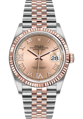 Rolex Steel and Everose Rolesor Datejust 36 Watch - Fluted Bezel - Rose Roman Dial - Jubilee Bracelet