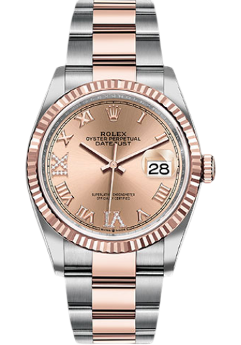 Rolex Steel and Everose Rolesor Datejust 36 Watch - Fluted Bezel - Rose Roman Dial - Oyster Bracelet