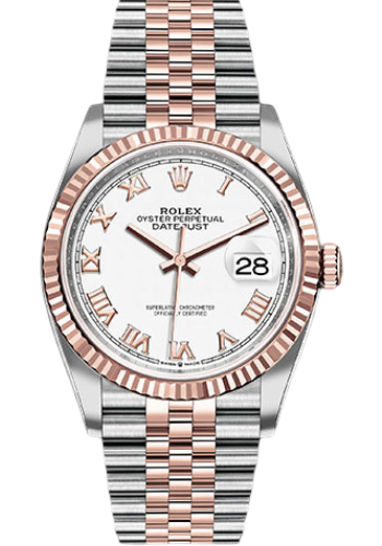 Rolex Steel and Everose Rolesor Datejust 36 Watch - Fluted Bezel - White Roman Dial - Jubilee Bracelet