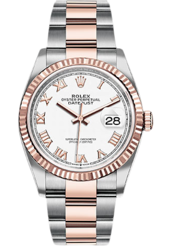 Rolex Steel and Everose Rolesor Datejust 36 Watch - Fluted Bezel - White Roman Dial - Oyster Bracelet