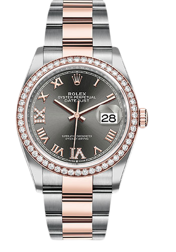 Rolex Steel and Everose Rolesor Datejust 36 Watch - Diamond Bezel - Dark Rhodium Roman Dial - Oyster Bracelet