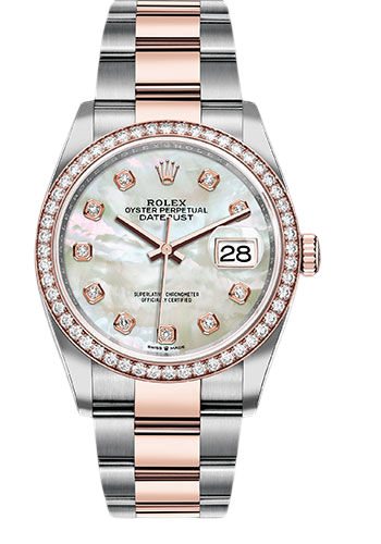 Rolex Steel and Everose Rolesor Datejust 36 Watch - Diamond Bezel - White Mother-Of-Pearl Diamond Dial - Oyster Bracelet