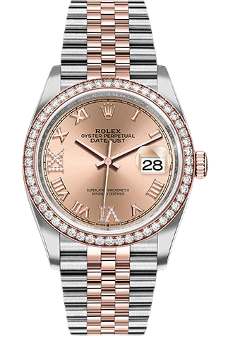Rolex Steel and Everose Rolesor Datejust 36 Watch - Diamond Bezel - Rose Roman Dial - Jubilee Bracelet
