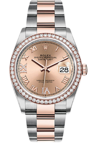 Rolex Steel and Everose Rolesor Datejust 36 Watch - Diamond Bezel - Rose Roman Dial - Oyster Bracelet