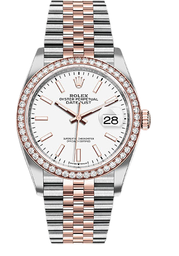 Rolex Steel and Everose Rolesor Datejust 36 Watch - Diamond Bezel - White Index Dial - Jubilee Bracelet