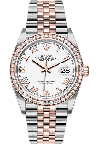 Rolex Steel and Everose Rolesor Datejust 36 Watch - Diamond Bezel - White Roman Dial - Jubilee Bracelet