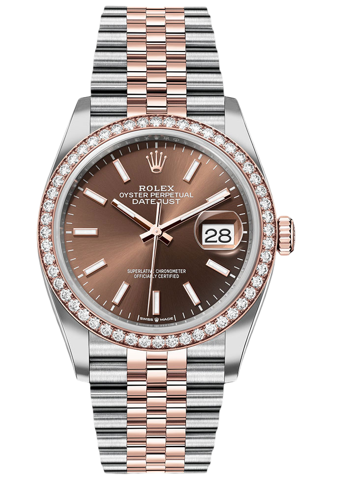 Rolex Everose Rolesor Datejust 36 Watch - Diamond Bezel - Chocolate Index Dial - Jubilee Bracelet