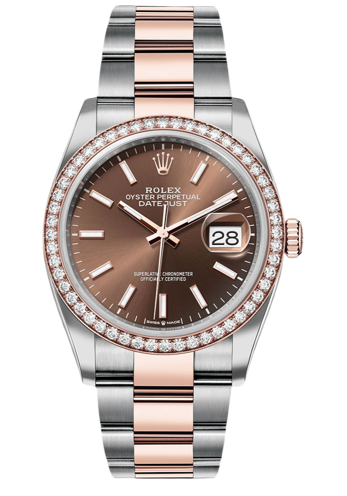 Rolex Everose Rolesor Datejust 36 Watch - Diamond Bezel - Chocolate Index Dial - Oyster Bracelet