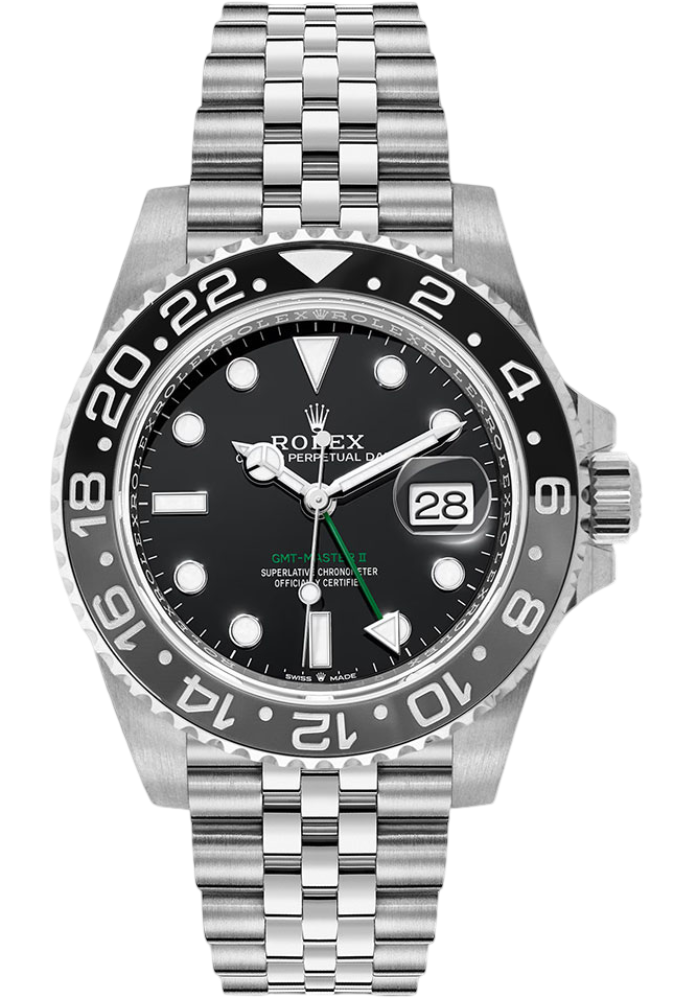 Rolex Oystersteel GMT-Master II Watch - Bidirectional Rotatable Black and Grey Bezel - Black Dial - Jubilee Bracelet