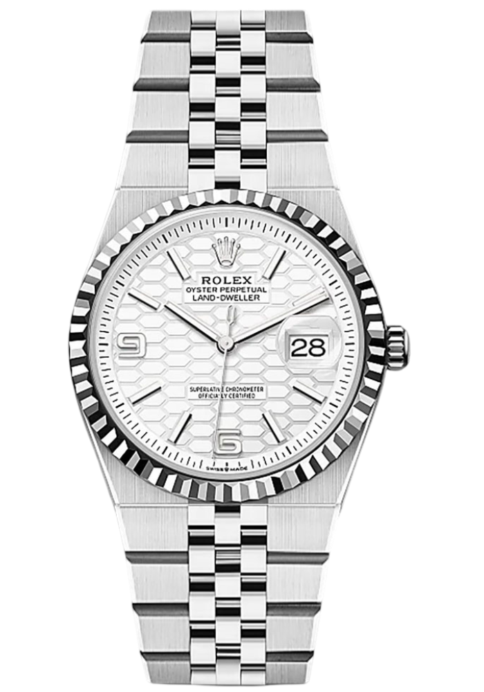 Rolex White Rolesor Land-Dweller 36 Watch - Fluted Bezel - White Honeycomb Motif Dial - Flat Jubilee Bracelet