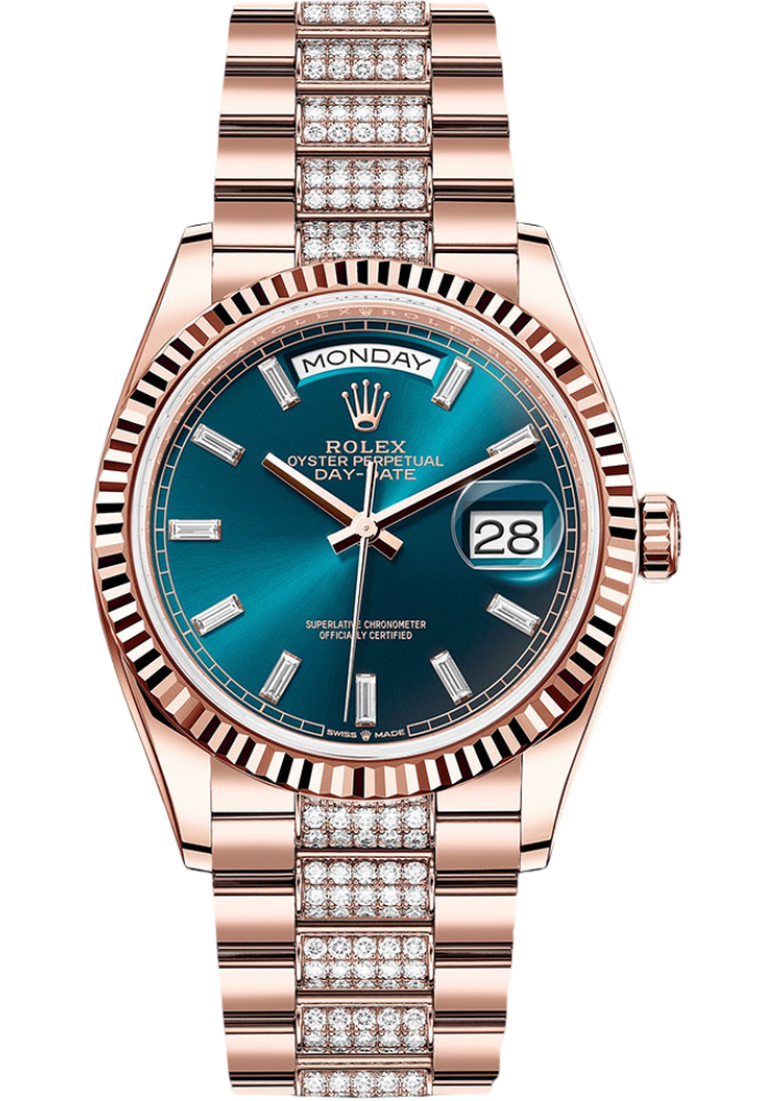 Rolex Everose Gold Day-Date 36 Watch - Fluted Bezel - Blue-Green Dial - Diamond President Bracelet