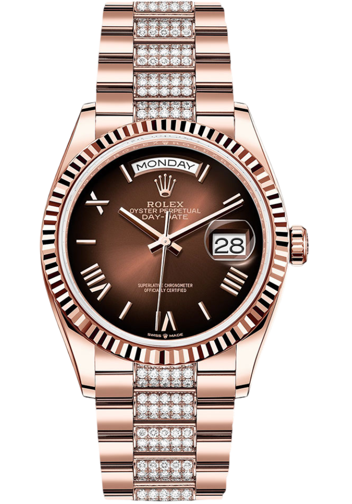 Rolex Everose Gold Day-Date 36 Watch - Fluted Bezel - Brown OmbrÃ© Roman Dial - Diamond President Bracelet