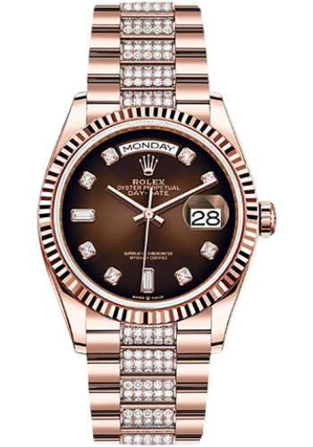 Rolex Everose Gold Day-Date 36 Watch - Fluted Bezel - Brown OmbrÃ© Diamond Dial - Diamond President Bracelet