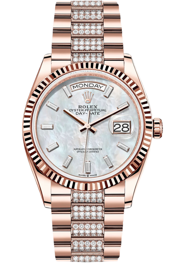 Rolex Everose Gold Day-Date 36 Watch - Fluted Bezel - White Mother-Of-Pearl Dial - Diamond President Bracelet