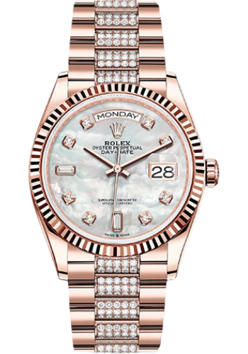 Rolex Everose Gold Day-Date 36 Watch - Fluted Bezel - White Mother-Of-Pearl Diamond Dial - Diamond President Bracelet