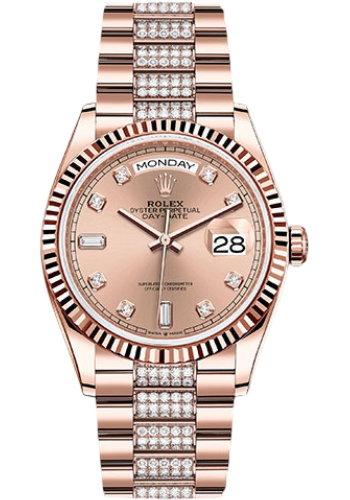 Rolex Everose Gold Day-Date 36 Watch - Fluted Bezel - RosÃ© Diamond Dial - Diamond President Bracelet