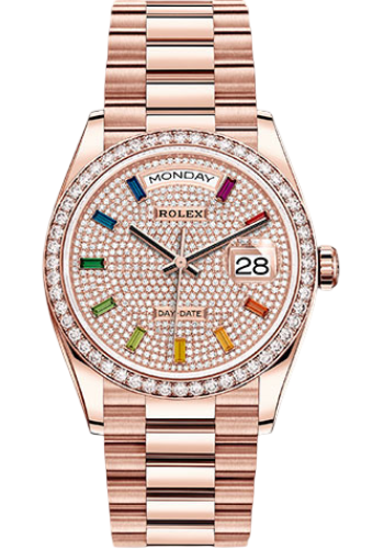 Rolex Everose Gold Day-Date 36 Watch - Diamond Bezel - Diamond-Paved Dial - President Bracelet
