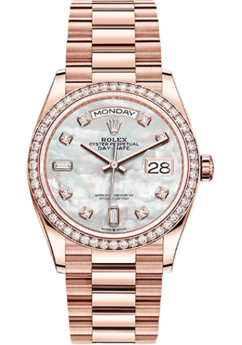 Rolex Everose Gold Day-Date 36 Watch - Diamond Bezel - Mother-of-Pearl Diamond Dial - President Bracelet