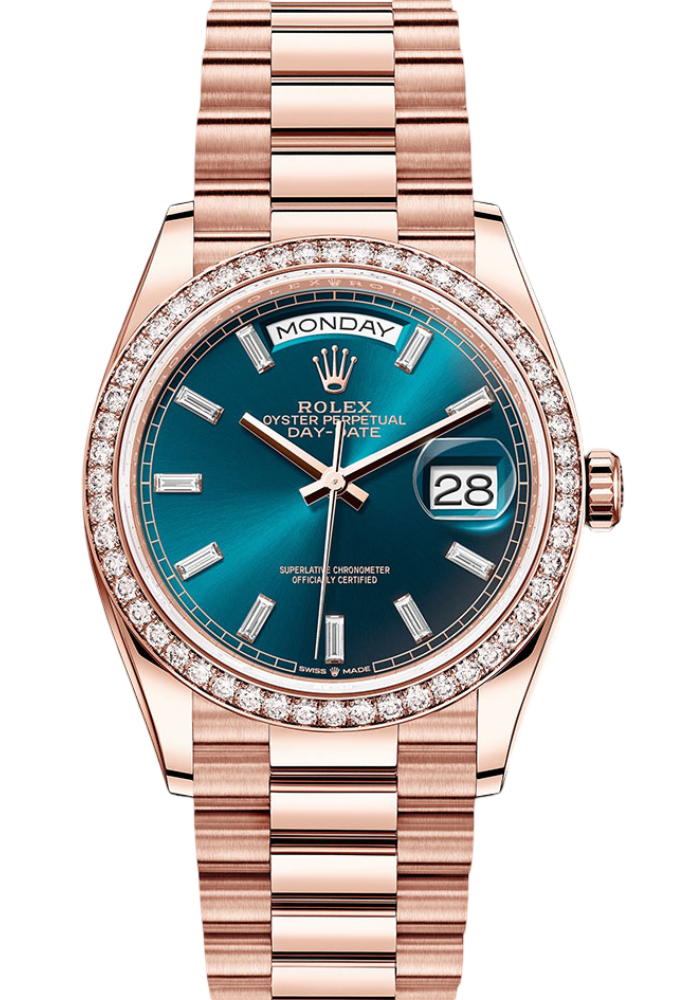 Rolex Everose Gold Day-Date 36 Watch - Diamond Bezel - Blue-Green Dial - President Bracelet