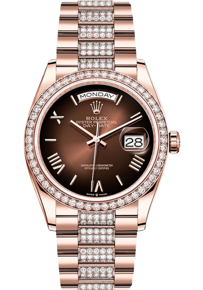 Rolex Everose Gold Day-Date 36 Watch - Diamond Bezel - Brown OmbrÃ© Roman Dial - Diamond President Bracelet