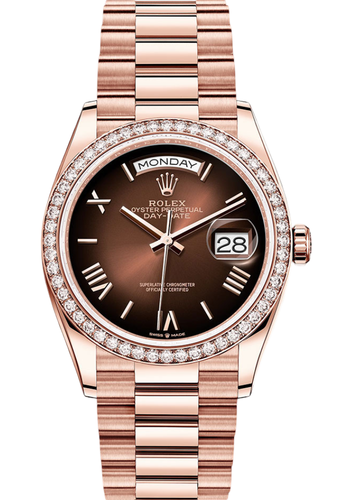 Rolex Everose Gold Day-Date 36 Watch - Diamond Bezel - Brown OmbrÃ© Roman Dial - President Bracelet
