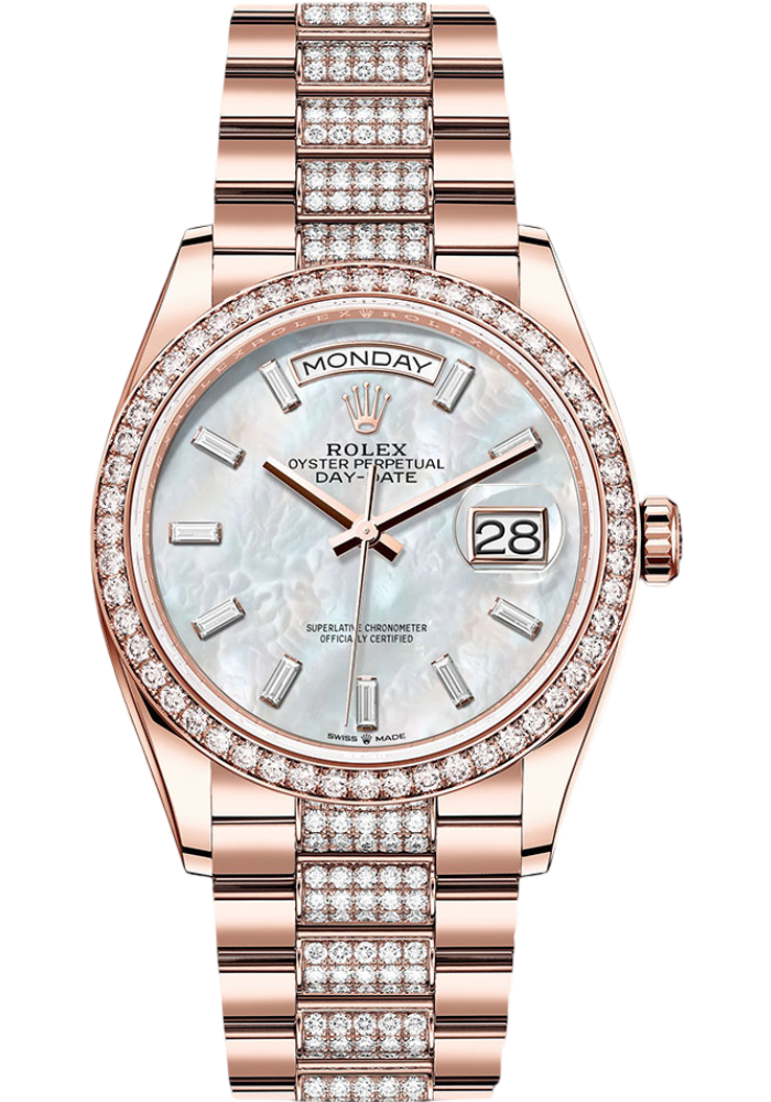 Rolex Everose Gold Day-Date 36 Watch - Diamond Bezel - White Mother-Of-Pearl Dial - Diamond President Bracelet