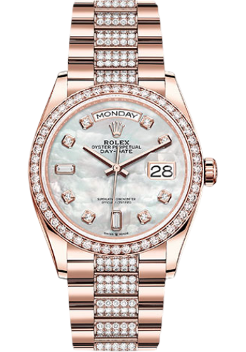 Rolex Everose Gold Day-Date 36 Watch - Diamond Bezel - White Mother-Of-Pearl Diamond Dial - Diamond President Bracelet