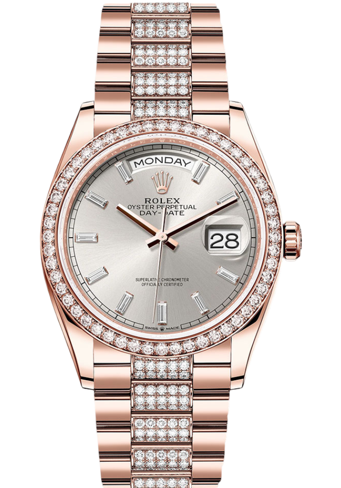 Rolex Everose Gold Day-Date 36 Watch - Diamond Bezel - Silver Dial - Diamond President Bracelet