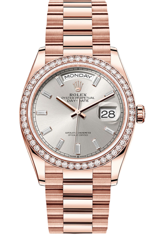 Rolex Everose Gold Day-Date 36 Watch - Diamond Bezel - Silver Dial - President Bracelet