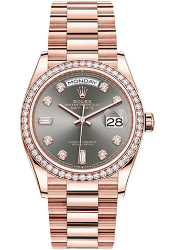 Rolex Everose Gold Day-Date 36 Watch - Diamond Bezel - Slate Diamond Dial - President Bracelet