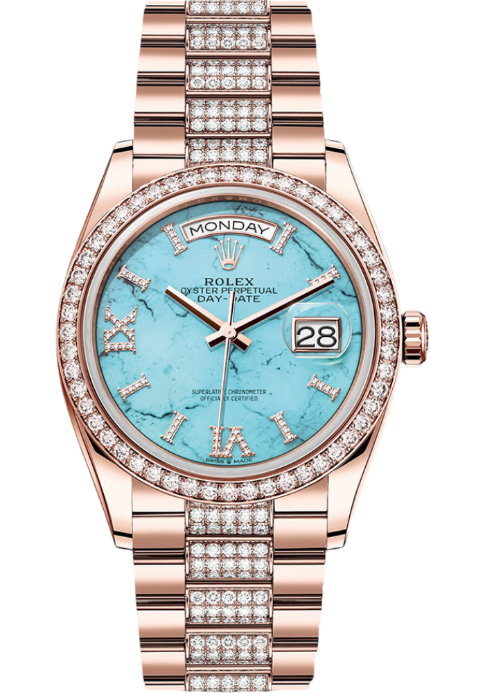 Rolex Everose Gold Day-Date 36 Watch - Diamond Bezel - Turquoise Diamond Index Roman 9 Dial - Diamond President Bracelet