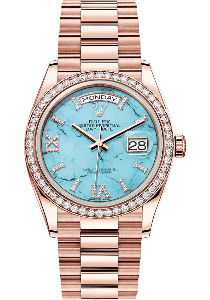 Rolex Everose Gold Day-Date 36 Watch - Diamond Bezel - Turquoise Diamond Index Roman 9 Dial - President Bracelet