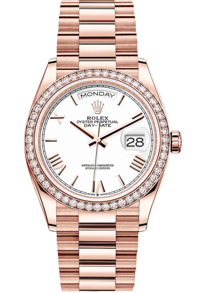 Rolex Everose Gold Day-Date 36 Watch - Diamond Bezel - White Roman Dial - President Bracelet