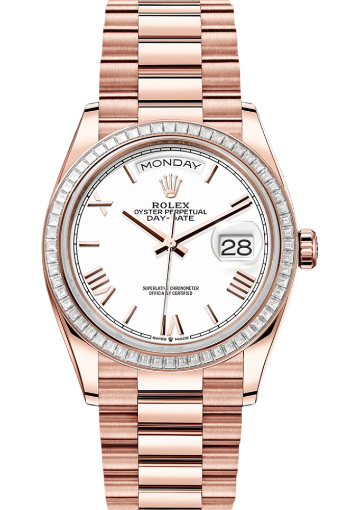 Rolex Everose Gold Day-Date 36 Watch - Diamond Bezel - White Roman Dial - President Bracelet