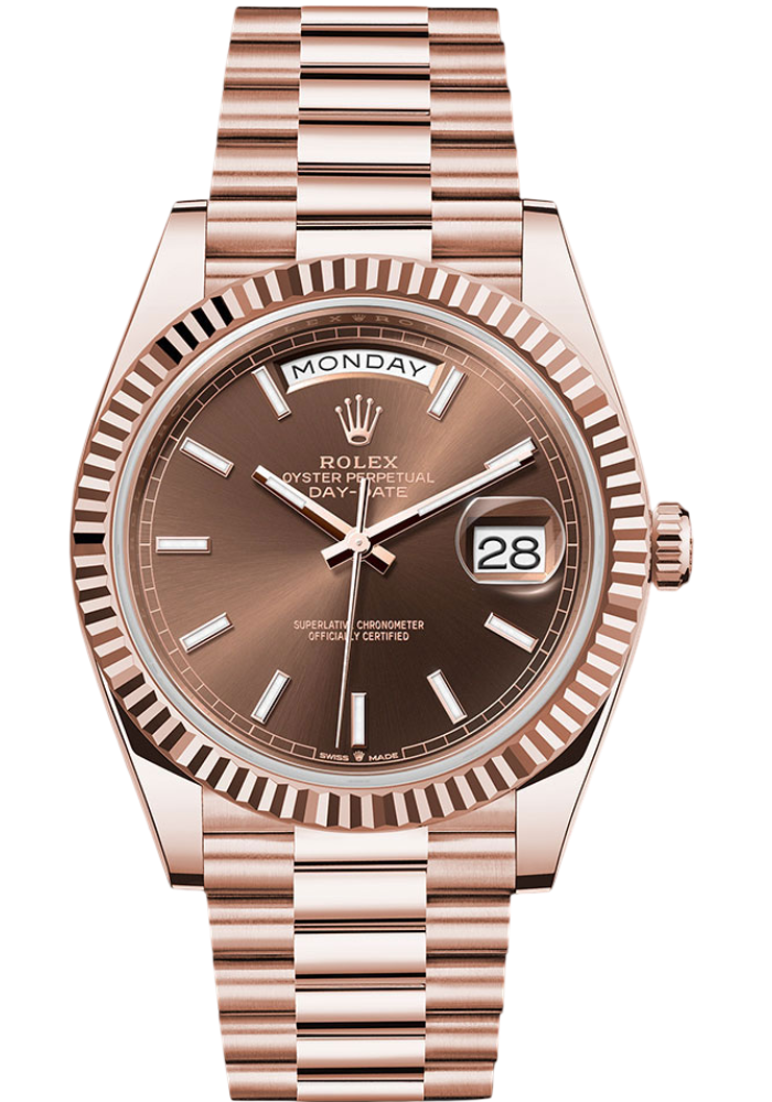 Rolex Everose Gold Day-Date 40 Watch - Fluted Bezel - Chocolate Bevelled Roman Dial - President Bracelet
