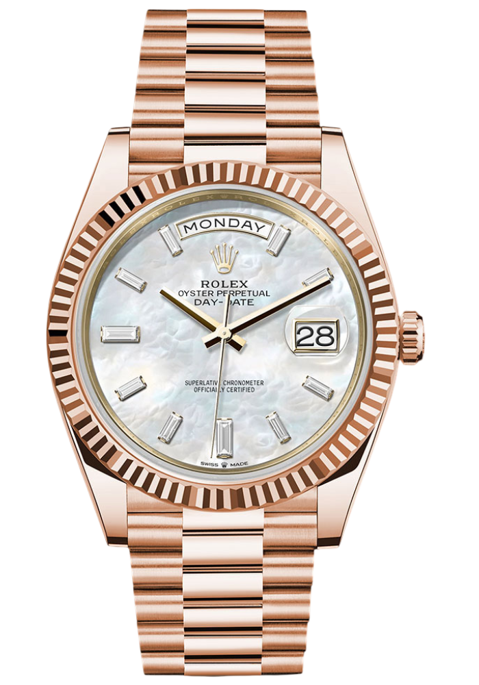 Rolex Everose Gold Day-Date 40 Watch - Fluted Bezel - White Mother-Of-Pearl Dial - President Bracelet