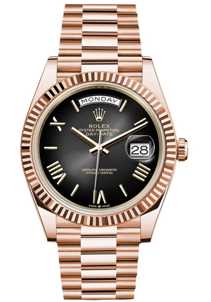Rolex Everose Gold Day-Date 40 Watch - Fluted Bezel - Slate OmbrÃ© Roman Dial - President Bracelet