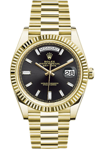 Rolex Yellow Gold Day-Date 40 Watch - Fluted Bezel - Black Baguette Diamond Dial - President Bracelet