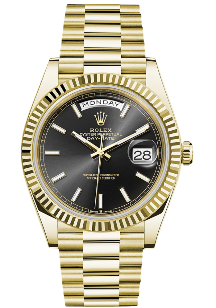 Rolex Yellow Gold Day-Date 40 Watch - Fluted Bezel - Black Index Dial - President Bracelet