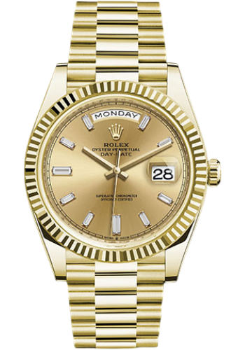 Rolex Yellow Gold Day-Date 40 Watch - Fluted Bezel - Champagne Baguette Diamond Dial - President Bracelet