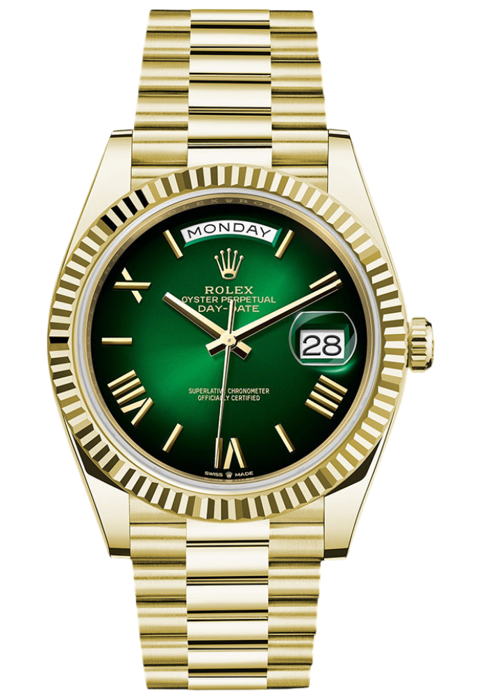 Rolex Yellow Gold Day-Date 40 Watch - Fluted Bezel - Green OmbrÃ© Roman Dial - President Bracelet